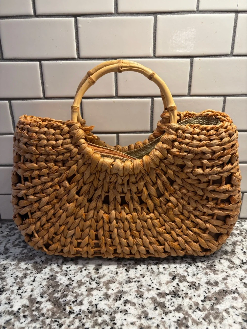 White Stag Woven Straw Tote in Natural Tan with Bamboo Handles - Picture 2 of 9
